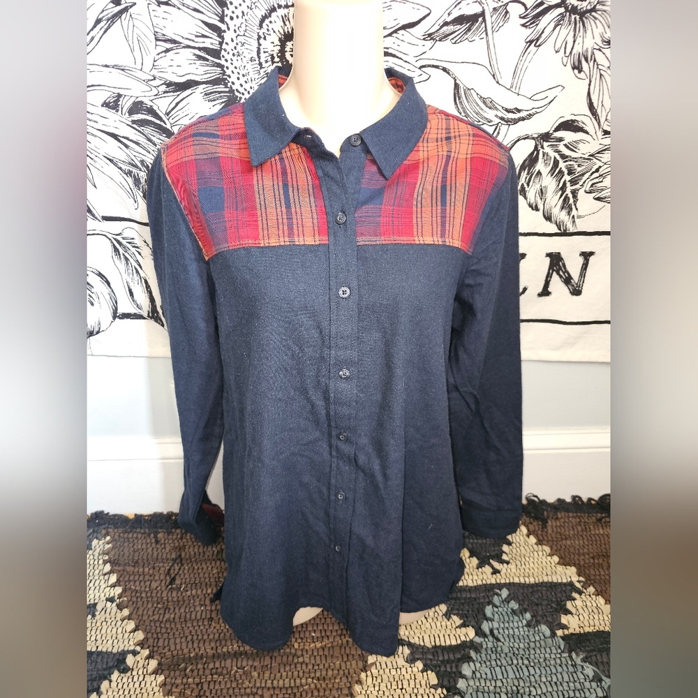 New Ascend Flip Cuff Flannel Colorblock Long Sleeve Basic Navy Blue Women's S